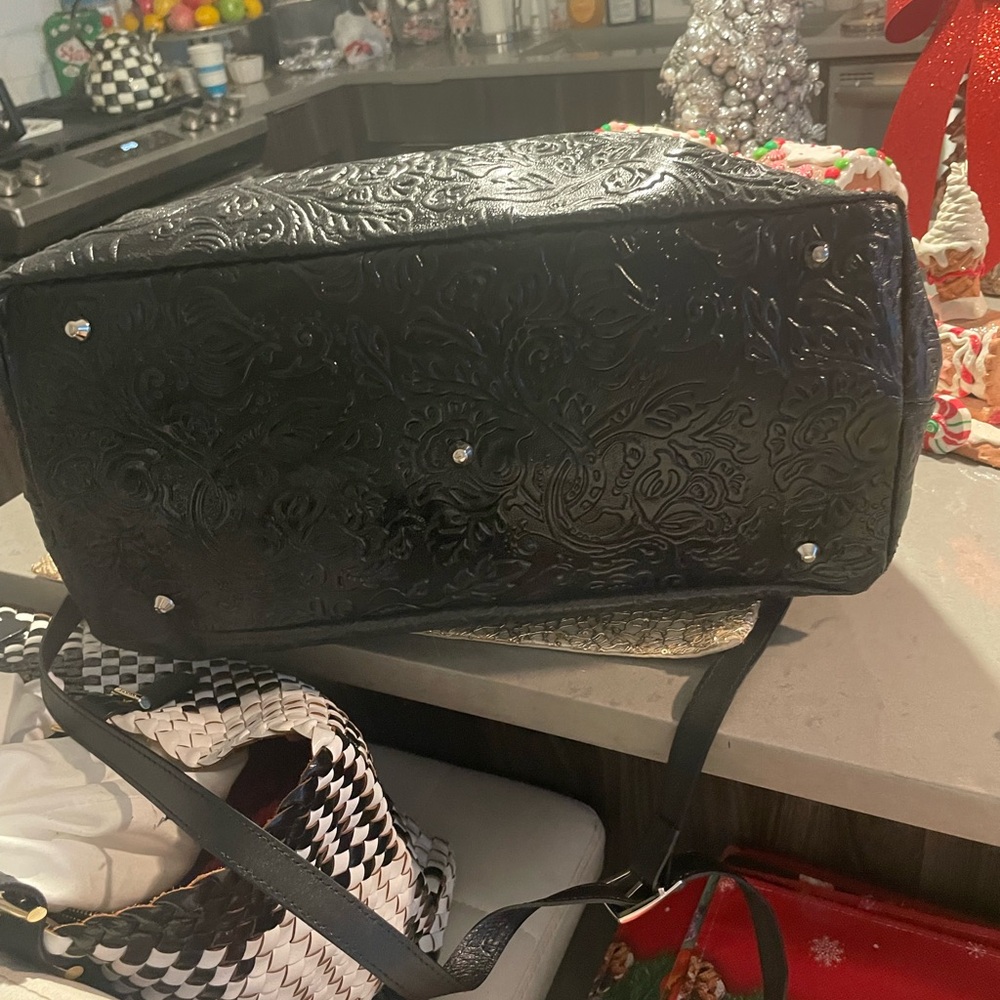 Embossed Black Leather Satchel with Top Handles - Picture 7 of 9